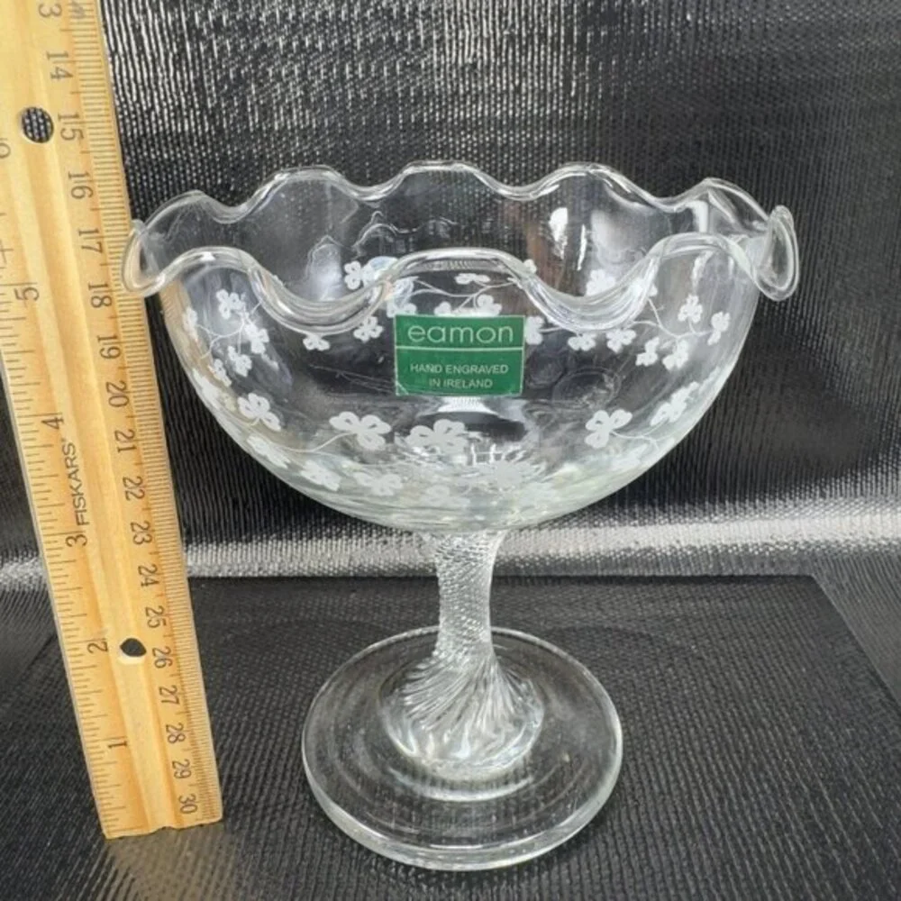 Eamon Glass Engraved Clover Ireland Swirl Footed Compote Dish‎ Bowl Clear Glass